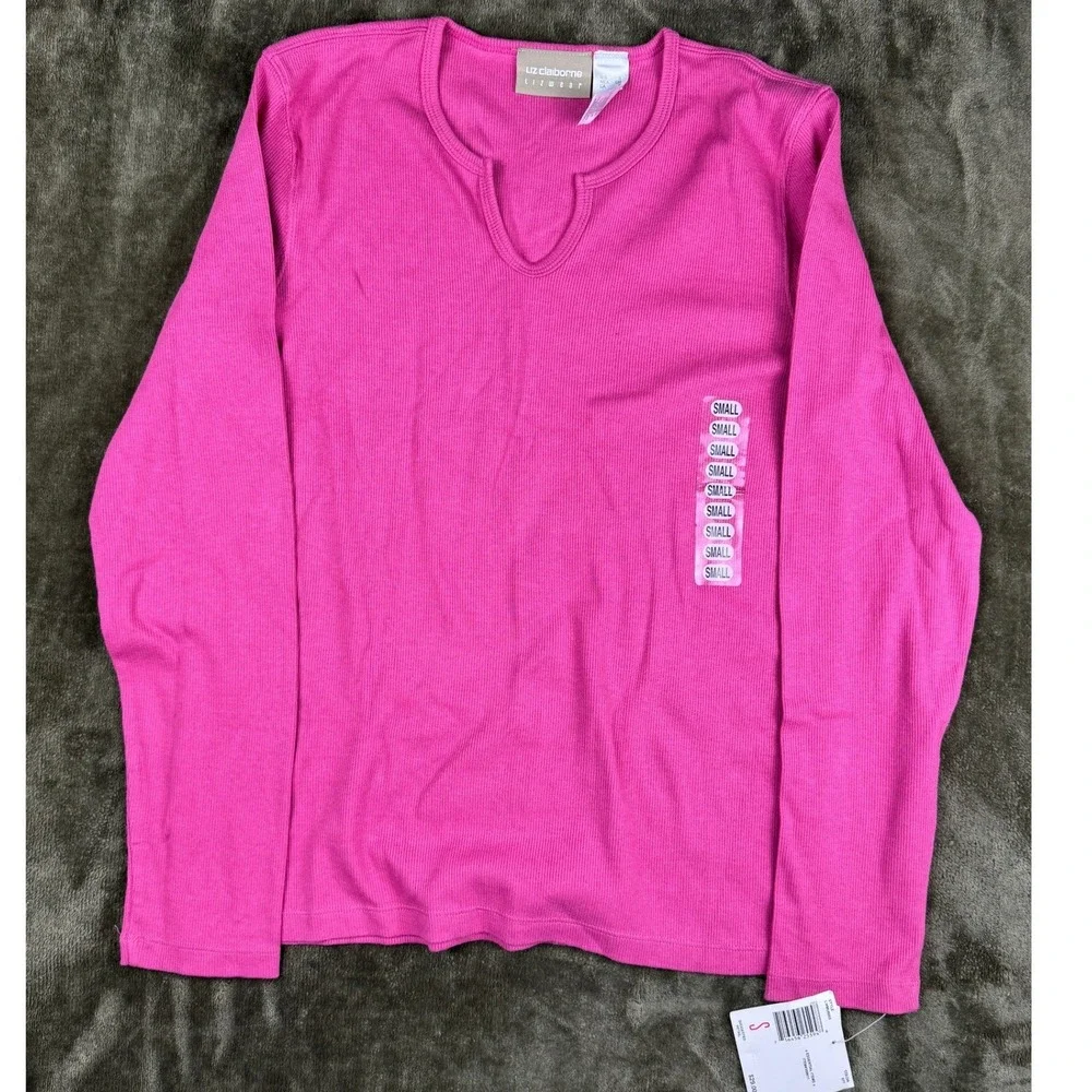 Vintage Y2K Liz Claiborne Lizwear Pink Rib Knit Long Sleeve Top Women Sm Stretch - Picture 3 of 10